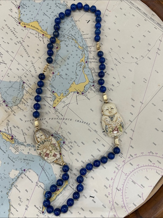 Jewelry - Blue Beaded Necklace with Carved Ceramic Pendants